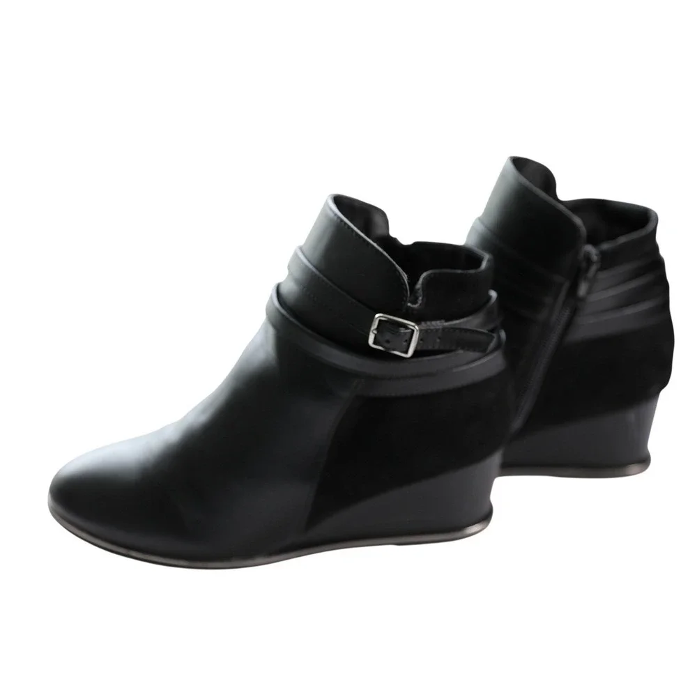 Steve‎ Madden Chrissy Black Wedge Ankle Boots Buckle Strap Mixed Media Size 6M